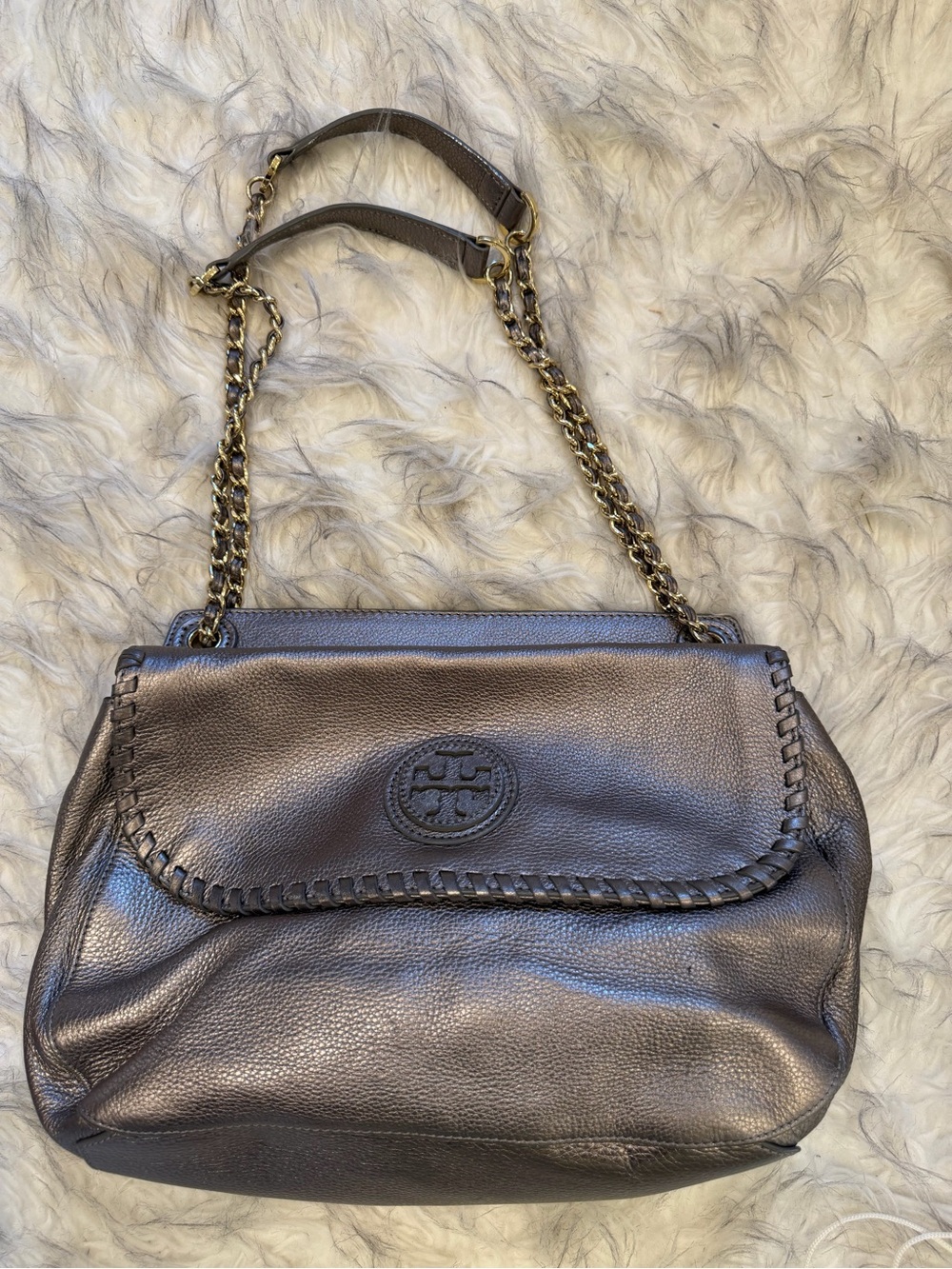 Tory Burch Metallic Pewter Leather Chain Shoulder Bag with Woven Flap